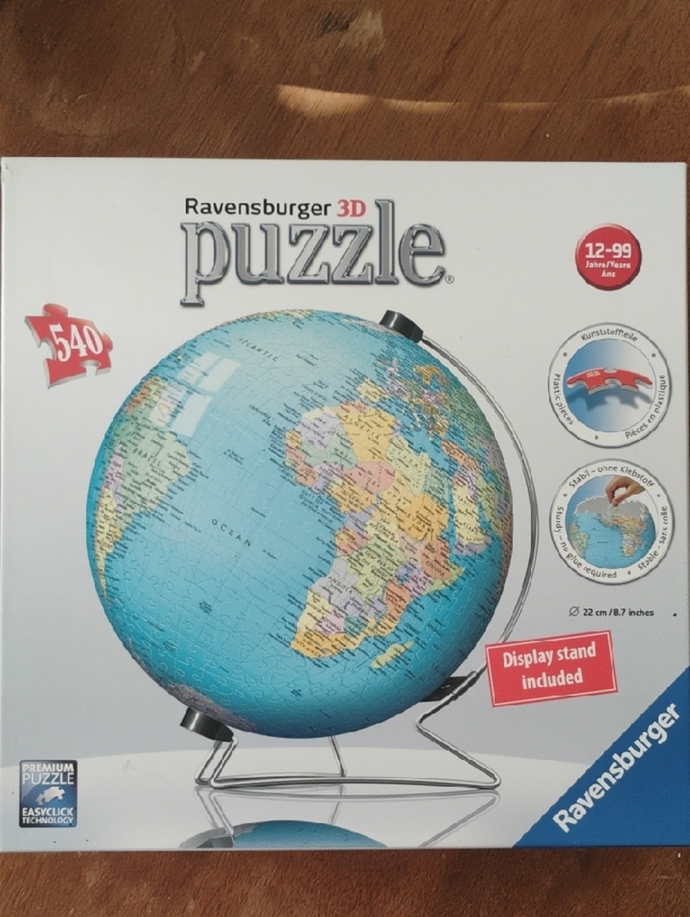 Ravensburger 3D Puzzle Globe in blue with yellow landmasses